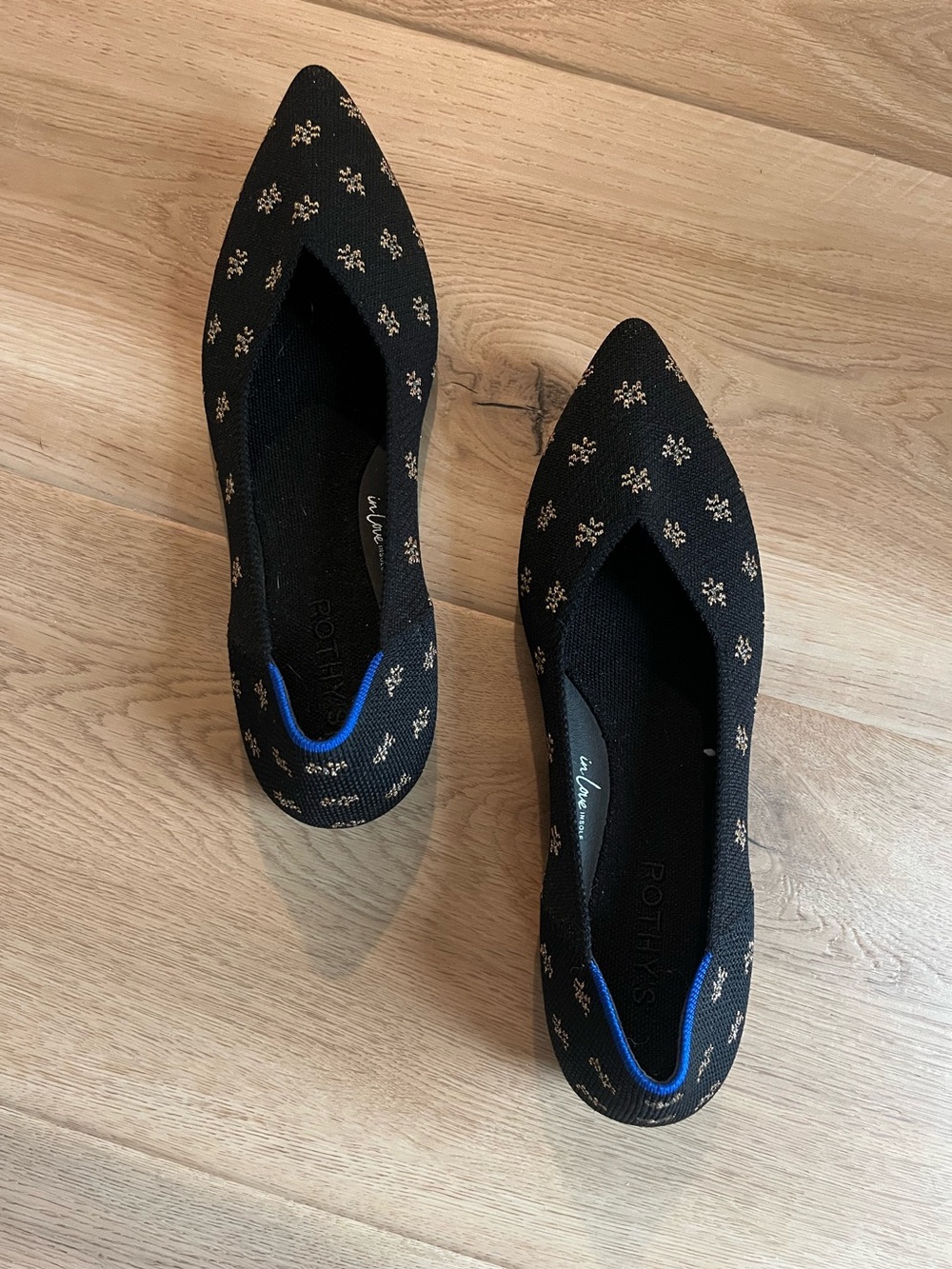 Rothy's Pointed Black Flats with Gold Accent Size W9